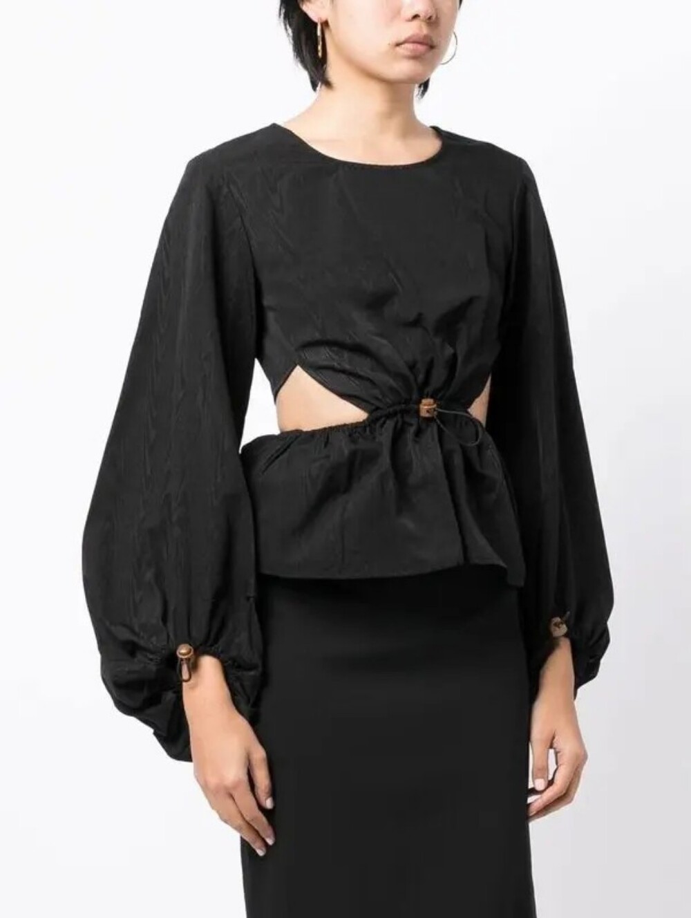 Staud Black Woodgrain Pattern Ivy Drawcord Balloon-Sleeve Blouse